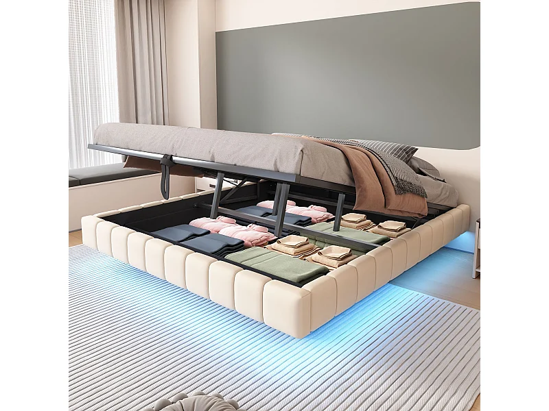 Cama com arrumação 180 x 200 cm - Cama de adulto com iluminação LED - sem cabeceira - linho bege - sem colchão