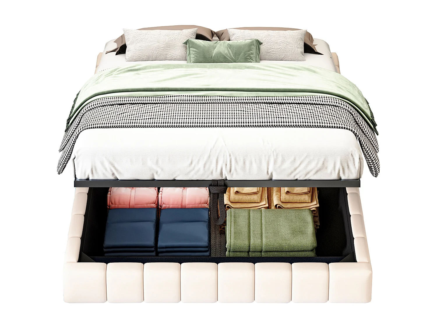 Lit coffre 140x200 cm - Lit adulte avec éclairage LED - sans tête de lit - lin beige - sans matelas