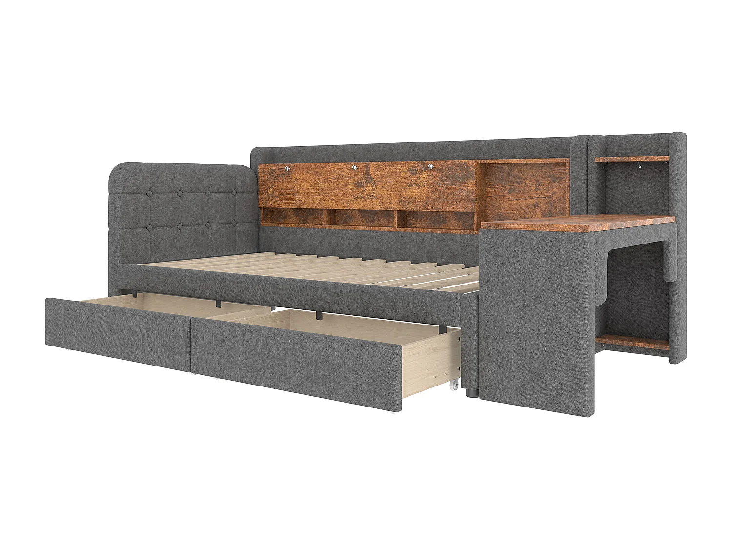 Kinderbed 90 x 200 cm - Eenpersoonsbed met 2 lades en bureau - opklapbaar opbergvak - grijs linnen - matras niet inbegrepen