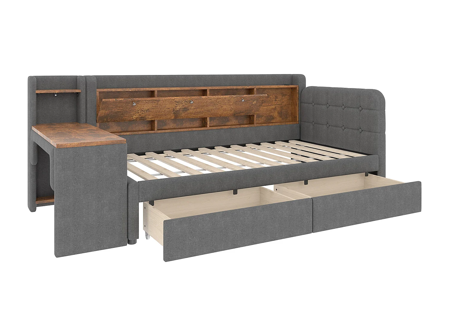 Kinderbed 90 x 200 cm - Eenpersoonsbed met 2 lades en bureau - opklapbaar opbergvak - grijs linnen - matras niet inbegrepen