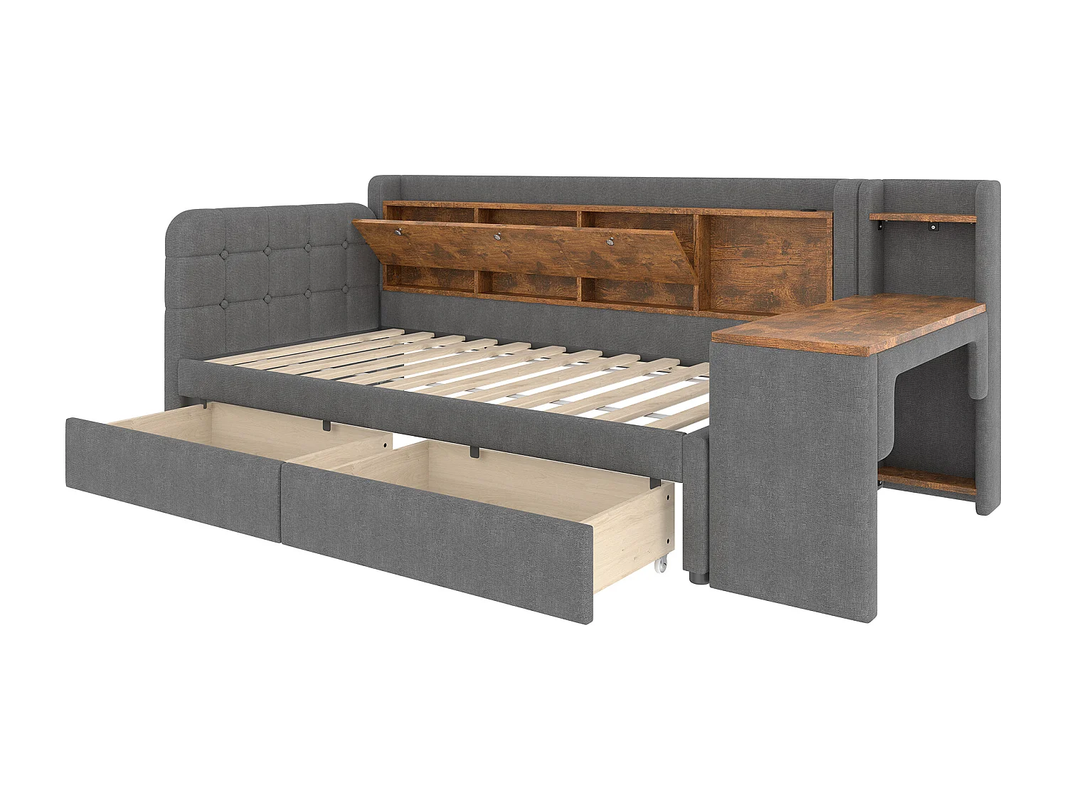 Kinderbed 90 x 200 cm - Eenpersoonsbed met 2 lades en bureau - opklapbaar opbergvak - grijs linnen - matras niet inbegrepen