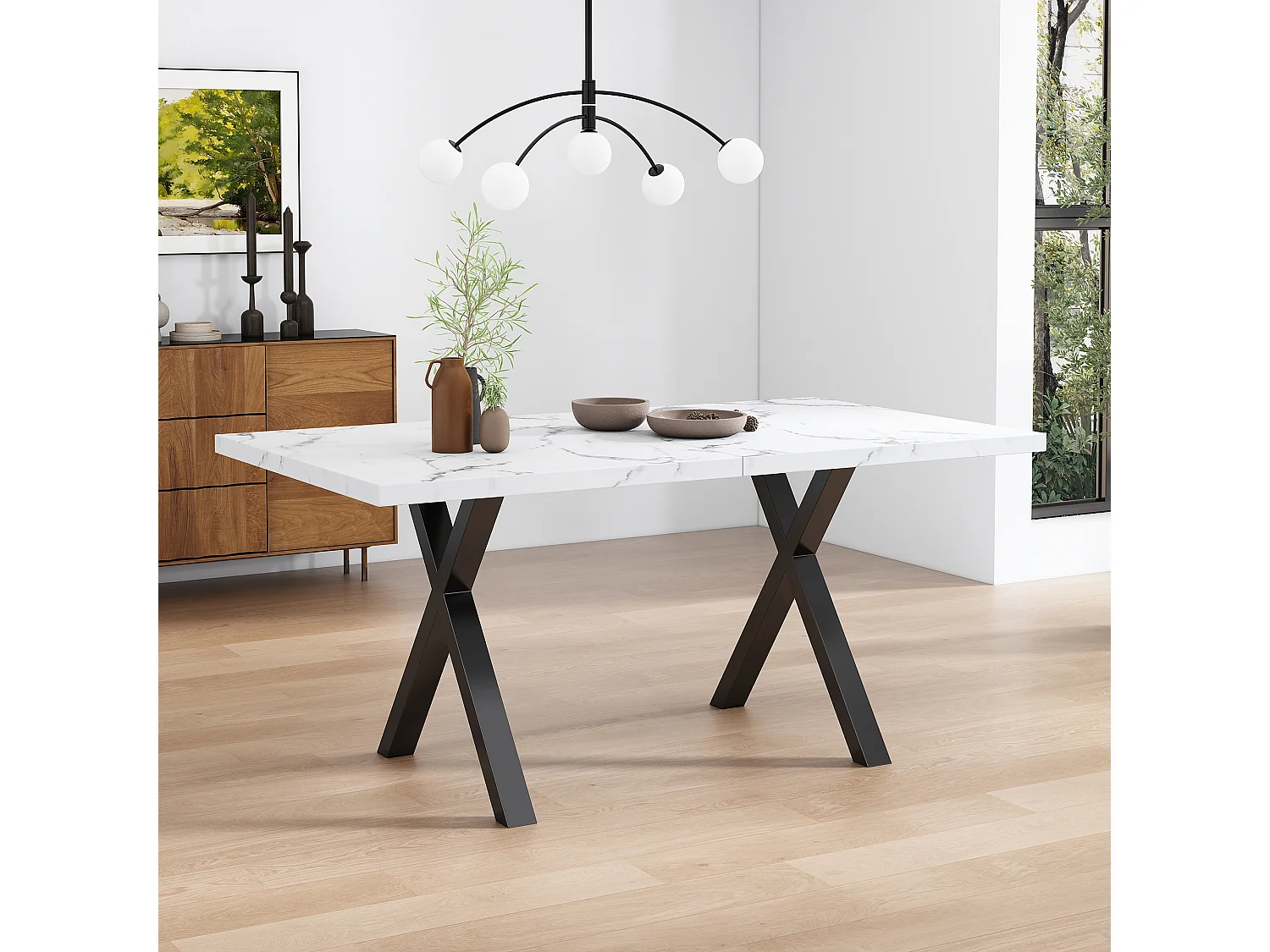 Mesa de comedor rectangular - Mesa de centro con patas cruzadas negras - Superficie con textura de mármol - Para comedor y sala de estar