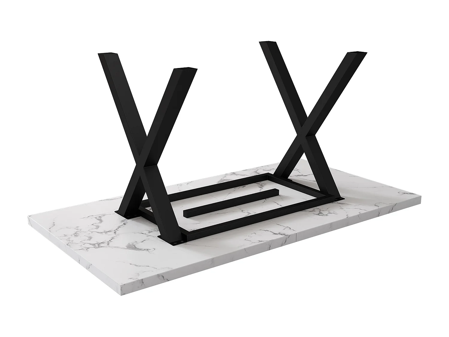 Mesa de comedor rectangular - Mesa de centro con patas cruzadas negras - Superficie con textura de mármol - Para comedor y sala de estar