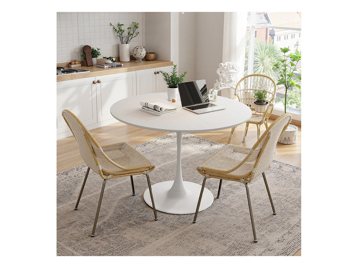 Table à manger ronde - Table à manger blanc avec piètement en métal et plateau en bois massif - plateau quatre pièces