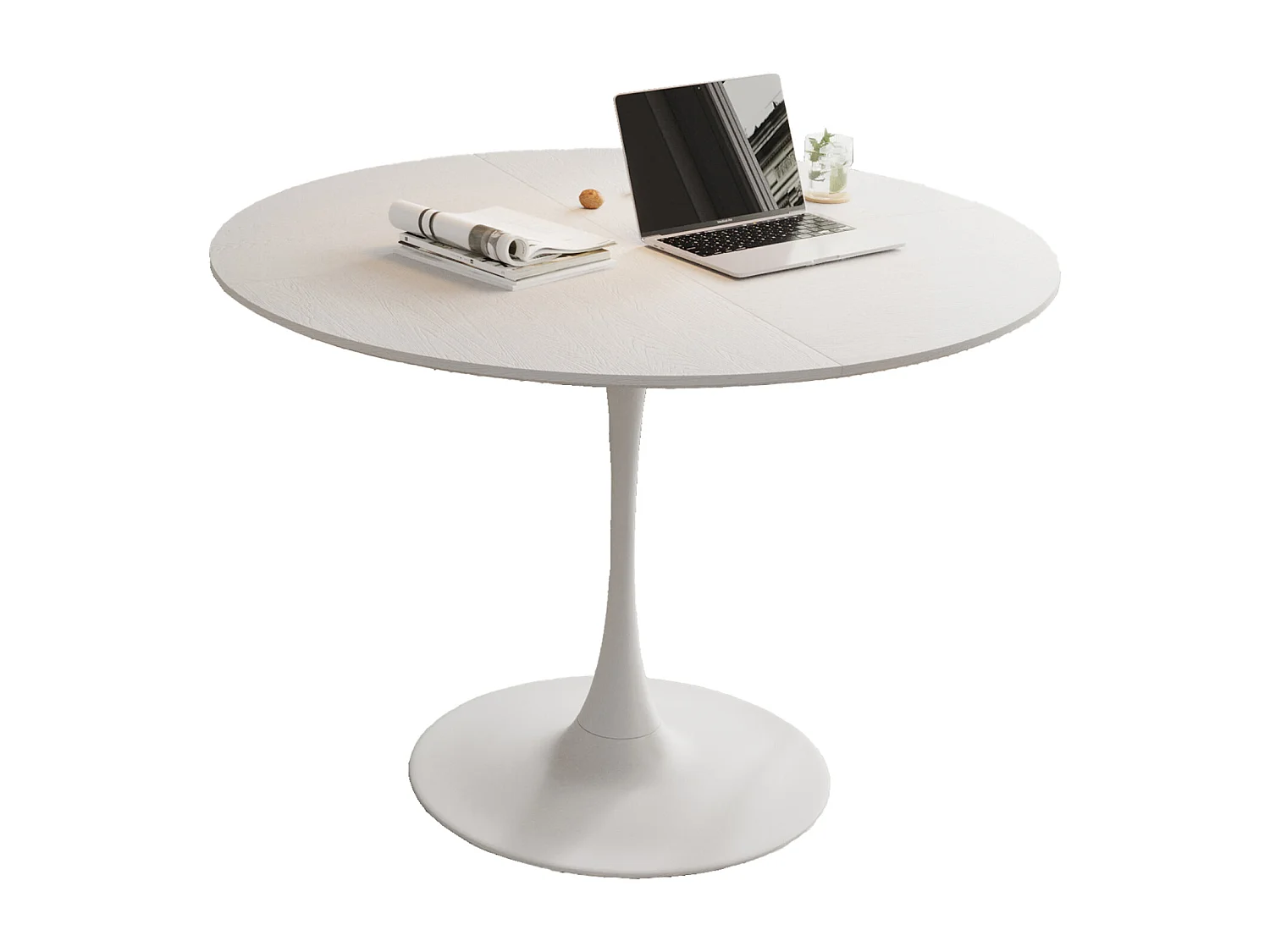 Table à manger ronde - Table à manger blanc avec piètement en métal et plateau en bois massif - plateau quatre pièces