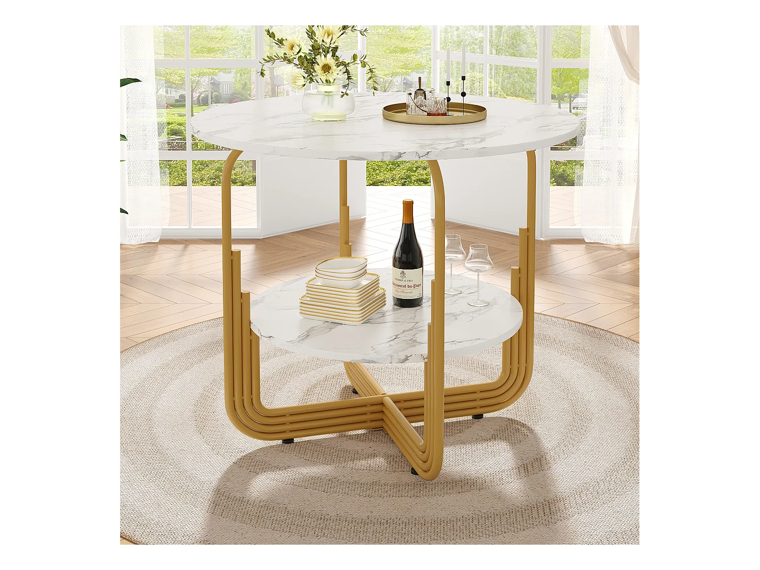 Table à manger ronde - Table blanche avec plateau et pieds réglables - Plateau en MDF - pour la salle à manger et le salon