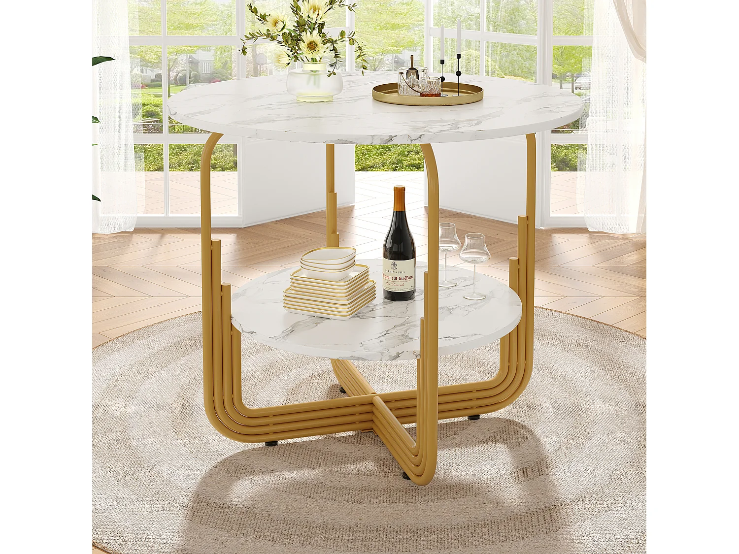 Table à manger ronde - Table blanche avec plateau et pieds réglables - Plateau en MDF - pour la salle à manger et le salon