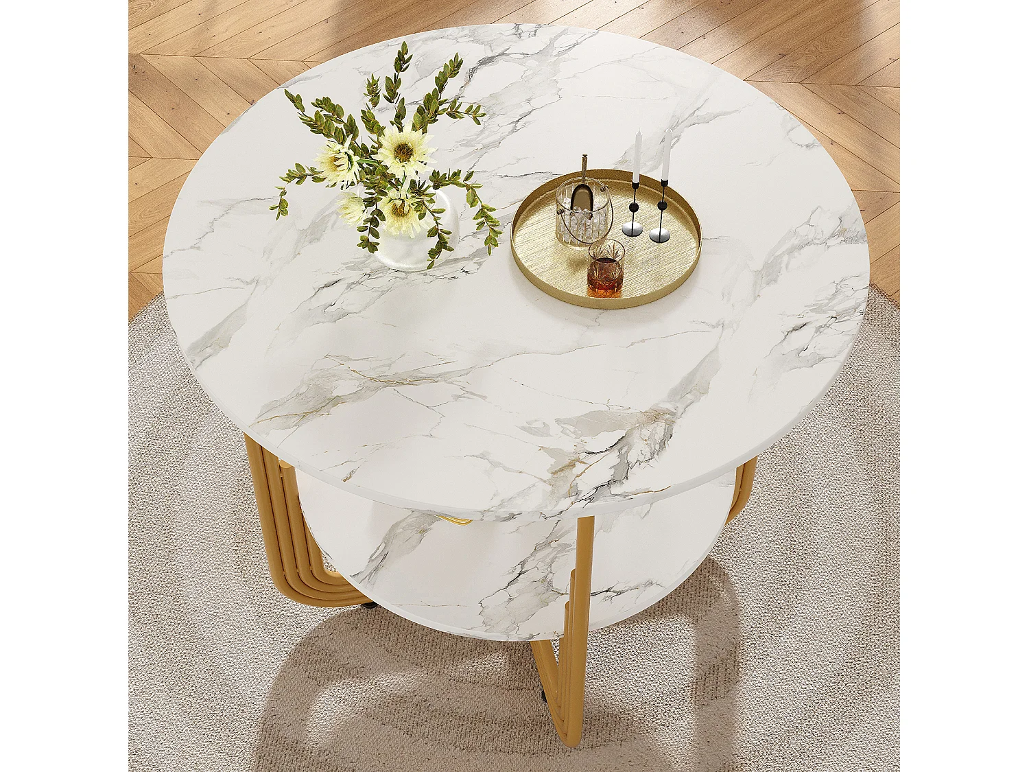 Table à manger ronde - Table blanche avec plateau et pieds réglables - Plateau en MDF - pour la salle à manger et le salon