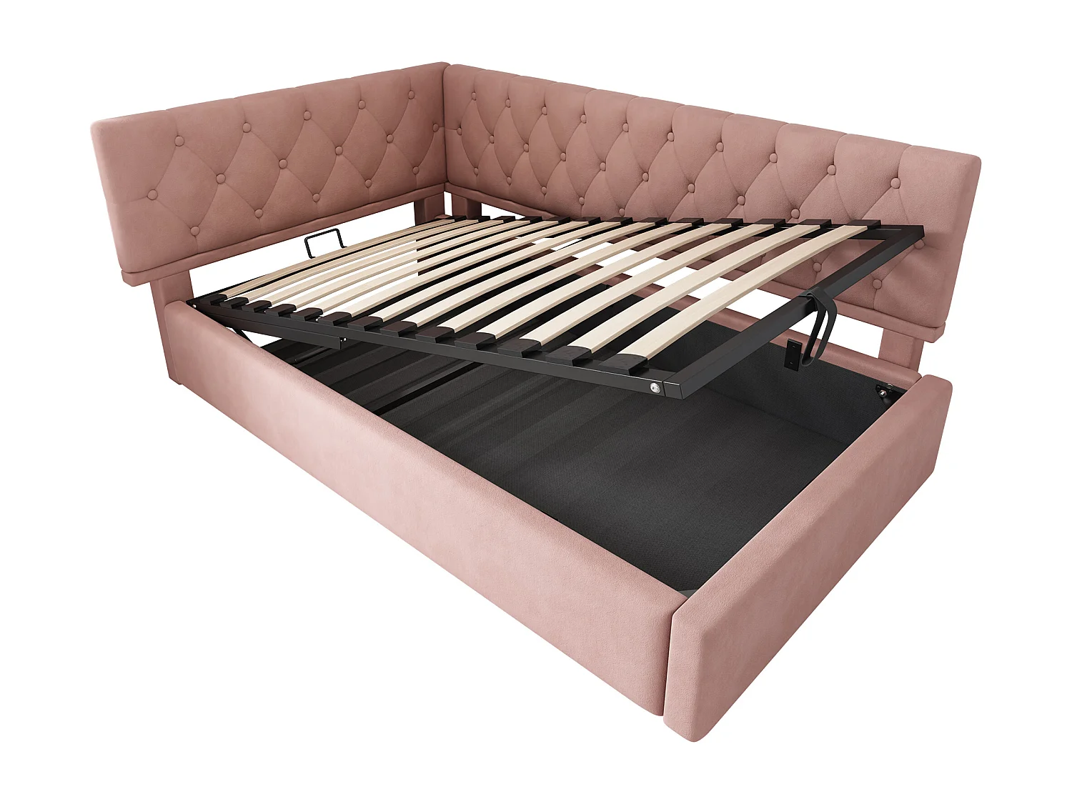 Lit coffre 90 x 190 cm - Lit enfant avec dossier et sommier à lattes en bois - velours rose - sans matelas