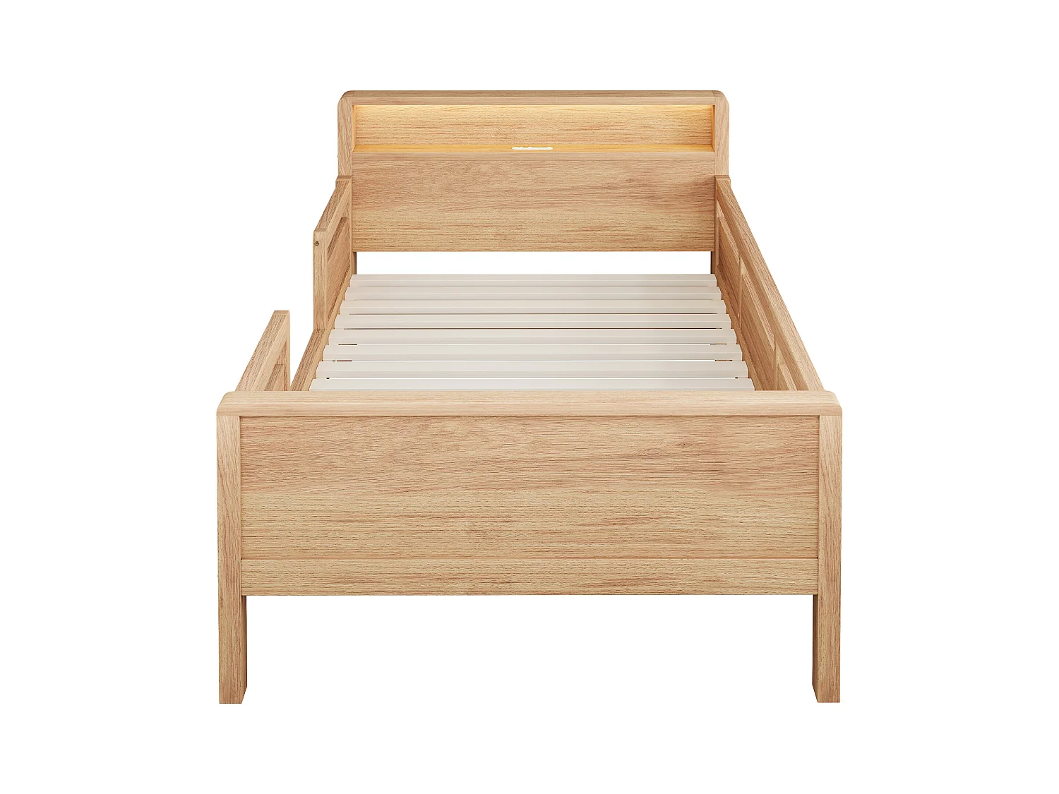 Lit enfant 90 x 200 cm - Lit simple avec éclairage LED et recharge USB - tête de lit avec rangement - bois - matelas non inclus