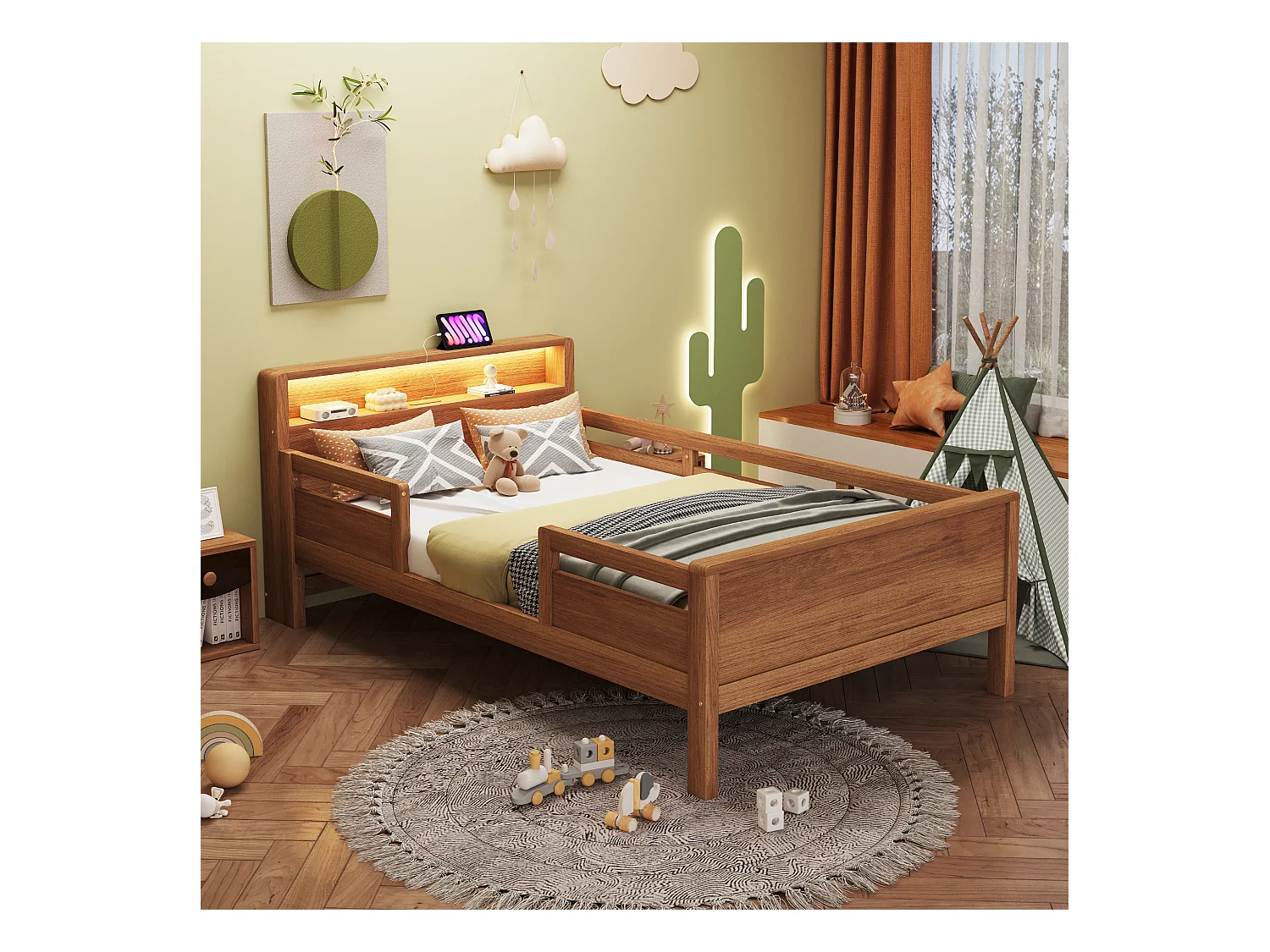 Lit enfant 90 x 200 cm - Lit simple avec éclairage LED et recharge USB - tête de lit avec rangement - bois - matelas non inclus