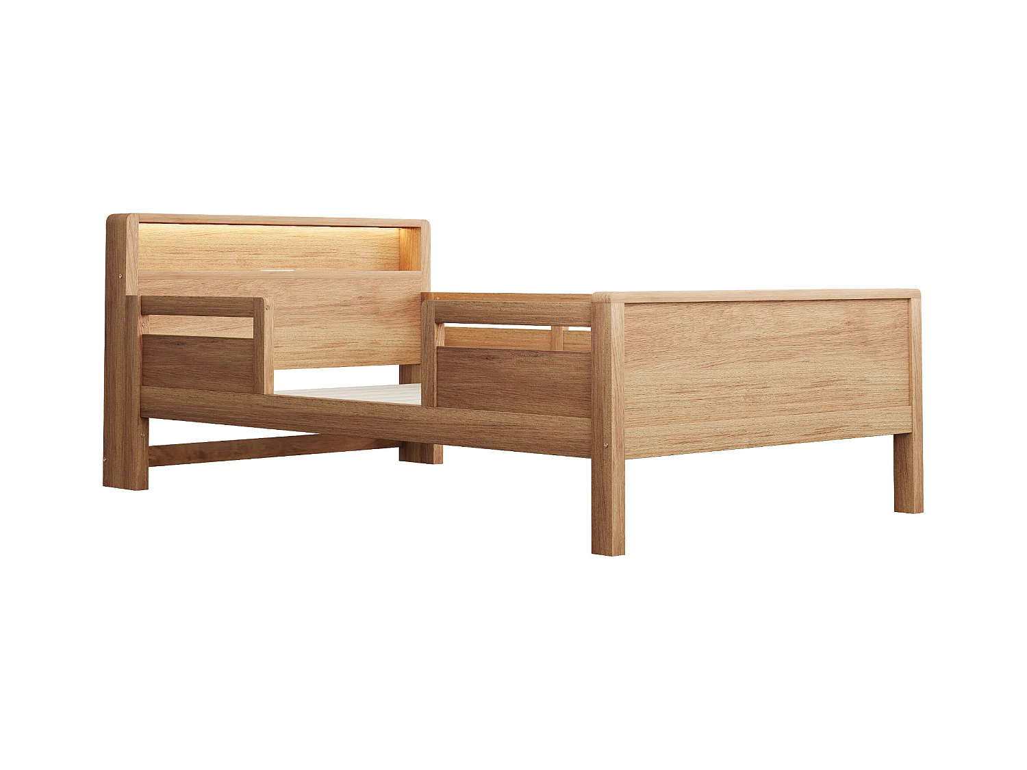 Lit enfant 90 x 200 cm - Lit simple avec éclairage LED et recharge USB - tête de lit avec rangement - bois - matelas non inclus