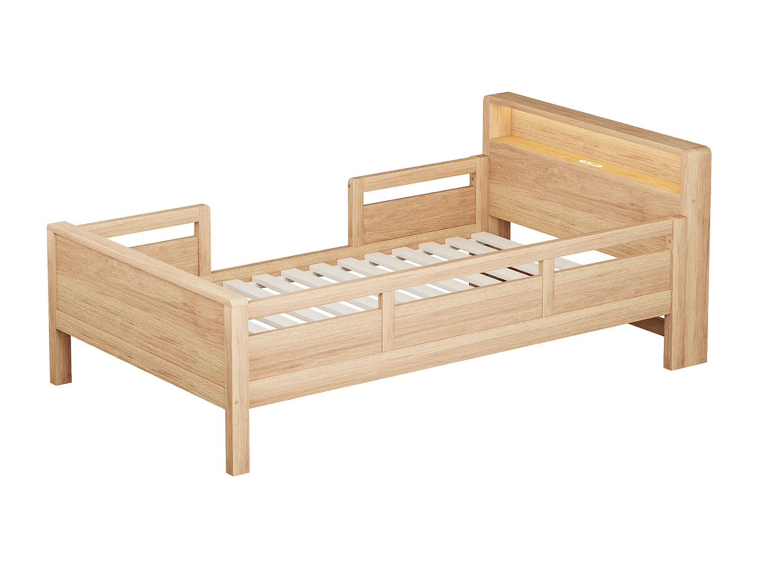 Lit enfant 90 x 200 cm - Lit simple avec éclairage LED et recharge USB - tête de lit avec rangement - bois - matelas non inclus