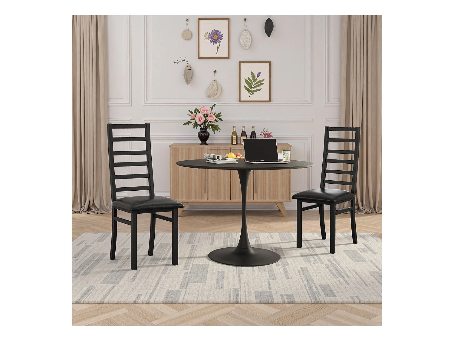 Table à manger ronde - Table à manger noir avec piètement en métal et plateau en bois massif - plateau quatre pièces