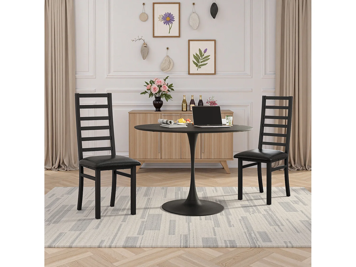 Table à manger ronde - Table à manger noir avec piètement en métal et plateau en bois massif - plateau quatre pièces