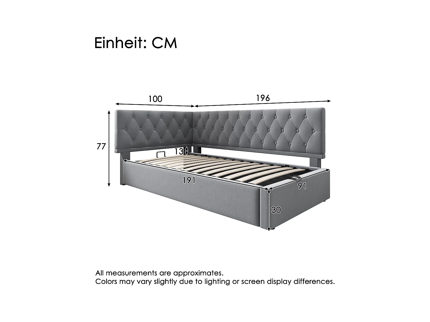 Lit coffre 90 x 190 cm - Lit enfant avec dossier et sommier à lattes en bois - velours gris - sans matelas