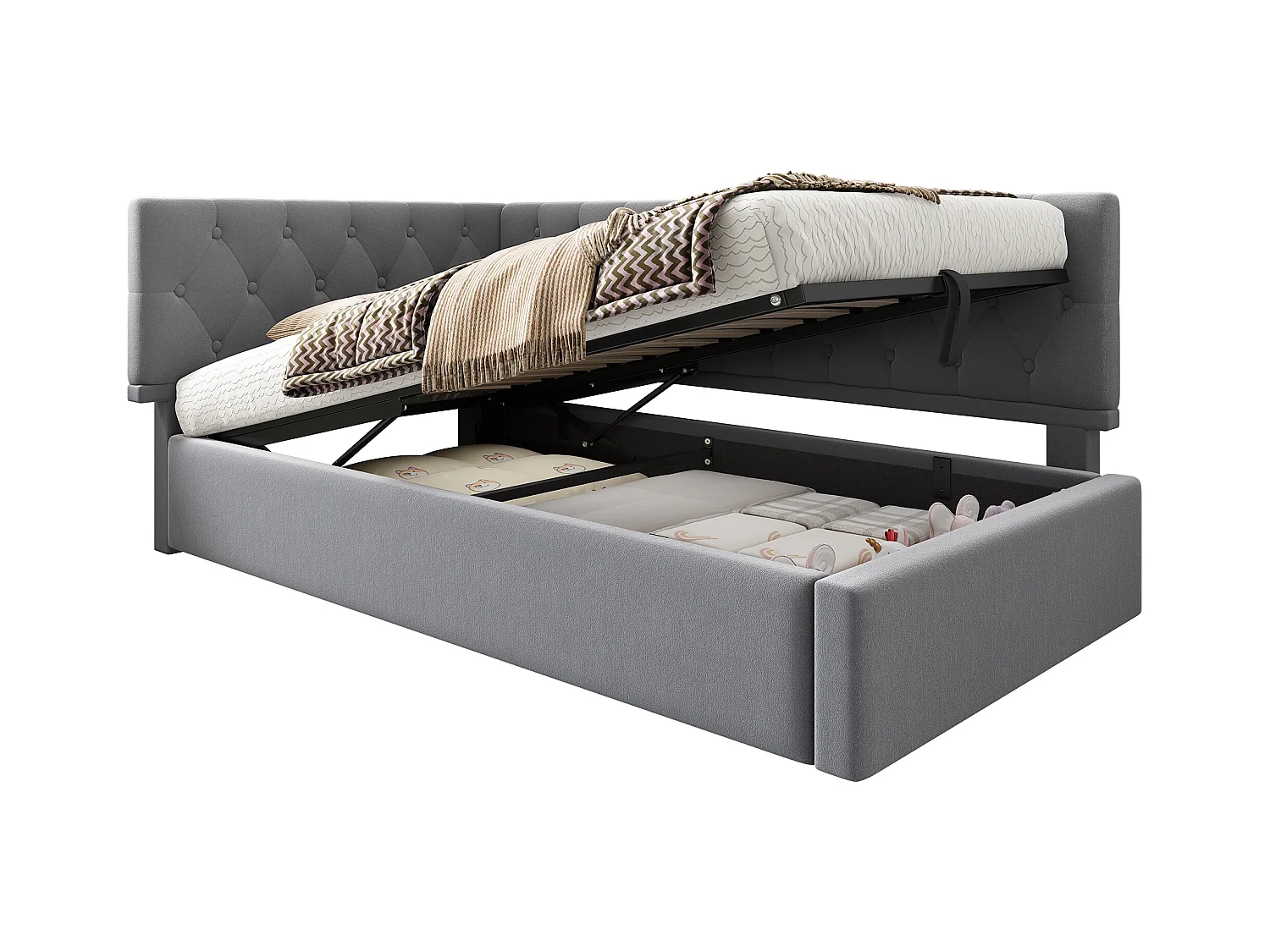 Lit coffre 90 x 190 cm - Lit enfant avec dossier et sommier à lattes en bois - velours gris - sans matelas