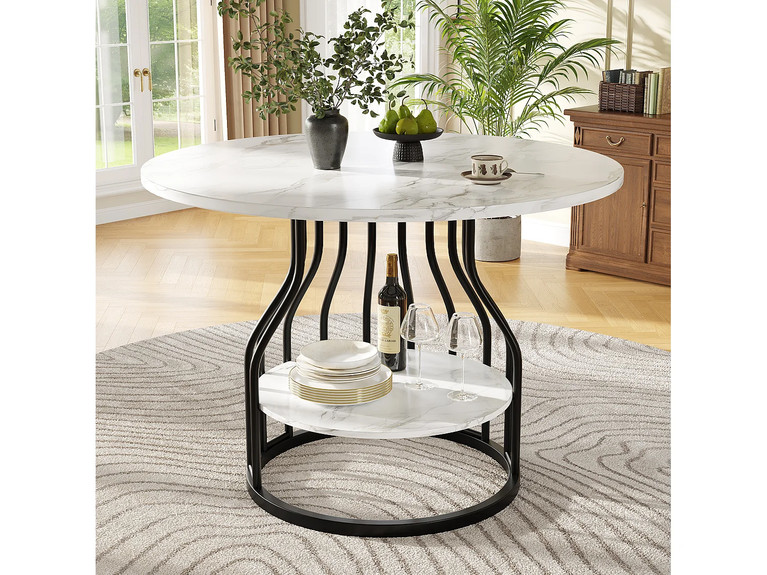 Ronde eettafel - Witte tafel met centraal blad - MDF blad - voor eetkamer en woonkamer