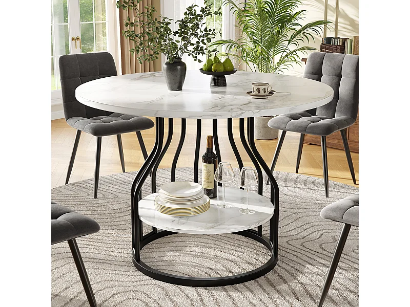 Ronde eettafel - Witte tafel met centraal blad - MDF blad - voor eetkamer en woonkamer