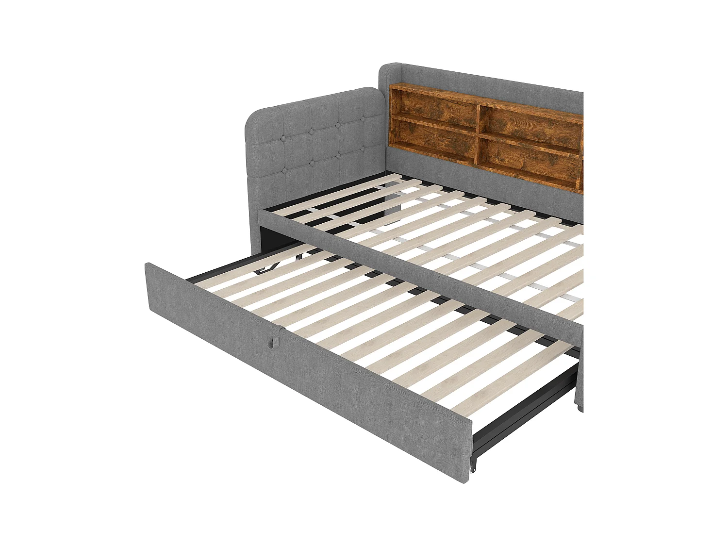 Cama com gavetão 90/180 x 200 cm - Cama de casal com braços e carregador USB - amplo espaço de arrumação - roupa de cama cinzenta - colchão não incluído