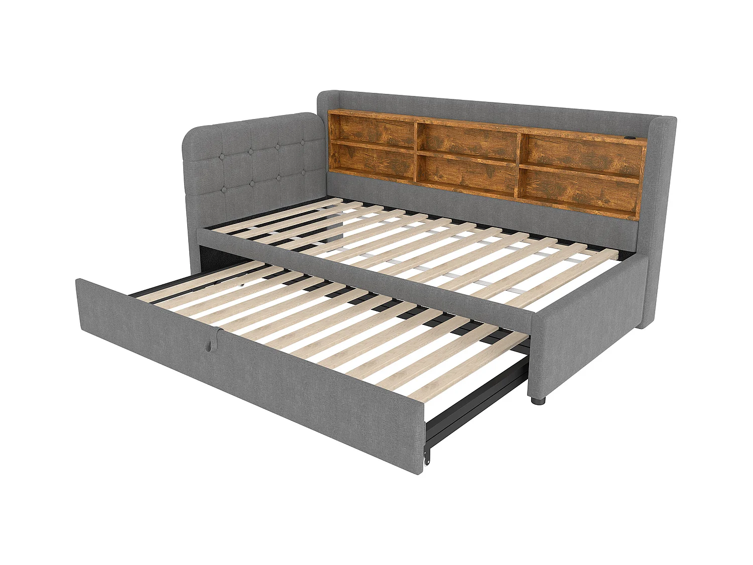 Cama com gavetão 90/180 x 200 cm - Cama de casal com braços e carregador USB - amplo espaço de arrumação - roupa de cama cinzenta - colchão não incluído