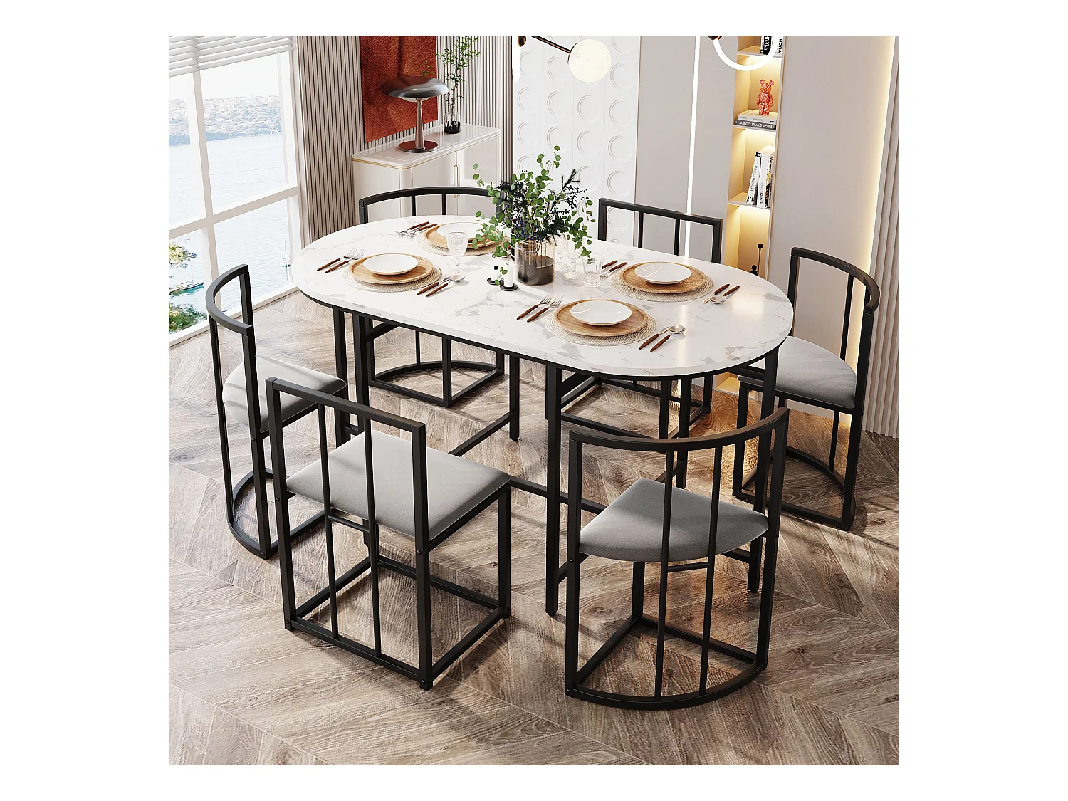 Ensemble de salle à manger 6 chaises - Ensemble de salle à manger avec coussins gris et structure en fer noir - table blanc - pour salle à manger
