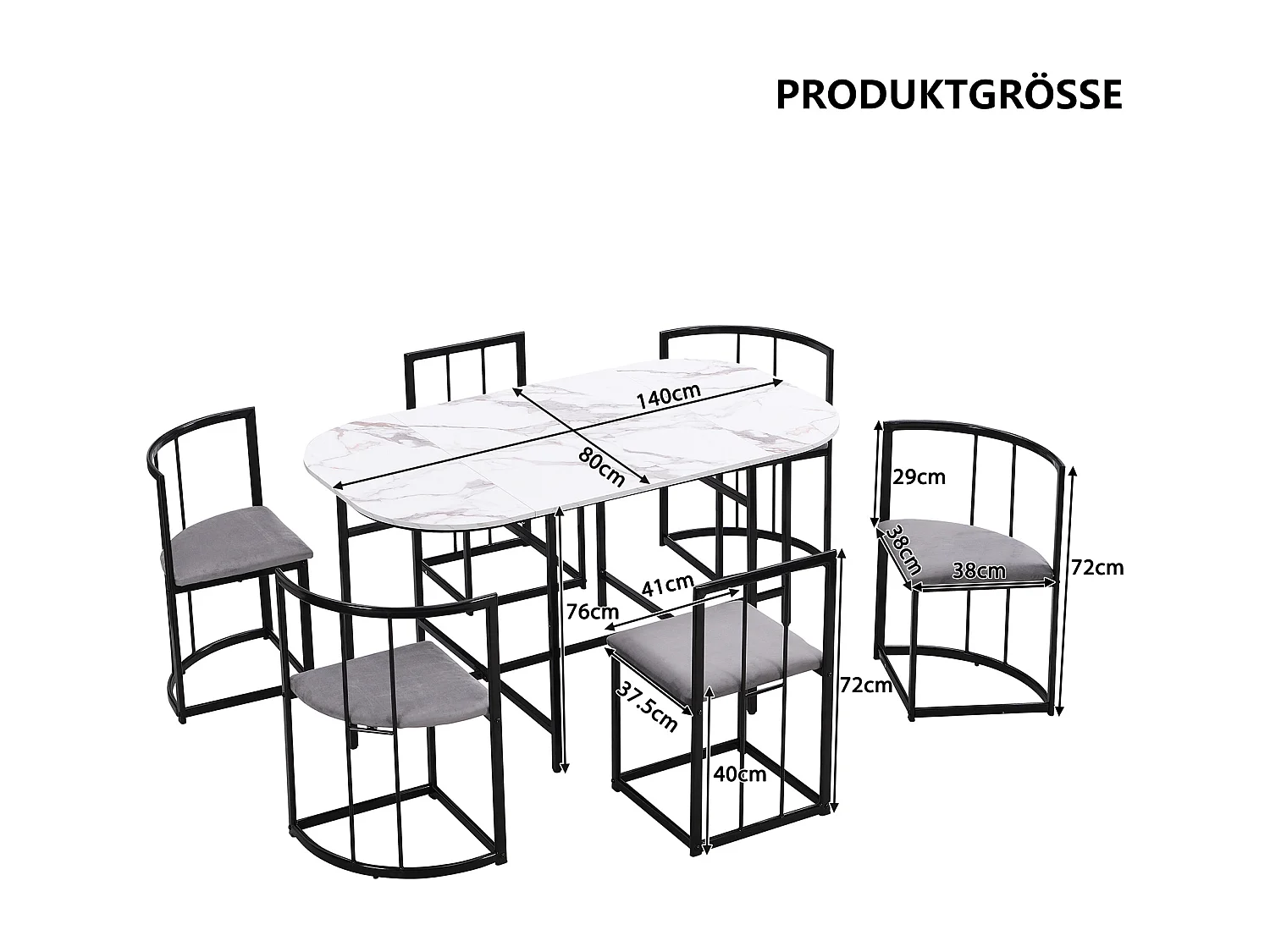 Eetkamerset 6 stoelen - Eetkamerset met grijze kussens en zwart ijzeren frame - witte tafel - voor eetkamer