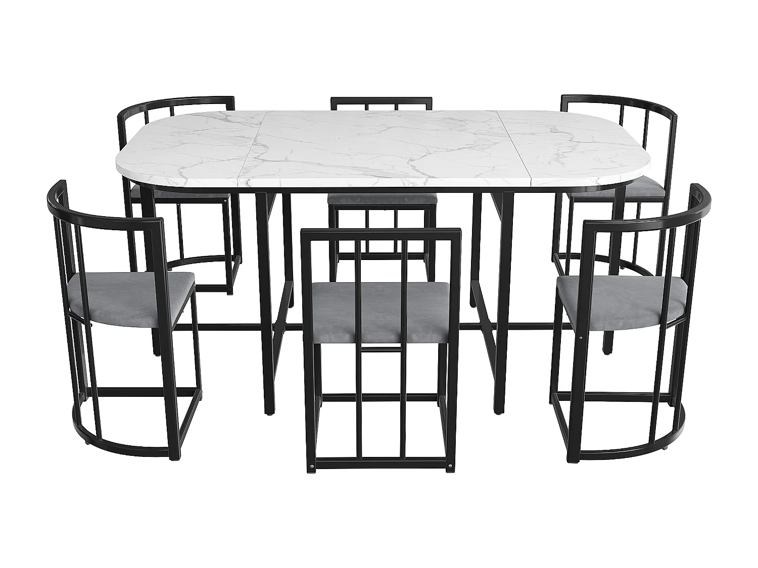 Eetkamerset 6 stoelen - Eetkamerset met grijze kussens en zwart ijzeren frame - witte tafel - voor eetkamer