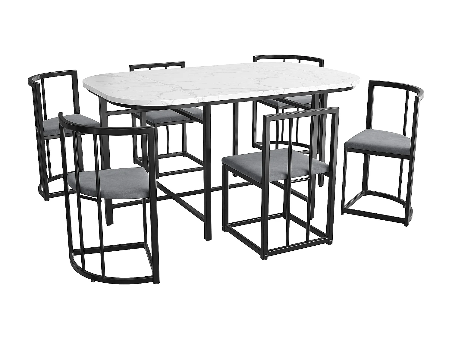 Eetkamerset 6 stoelen - Eetkamerset met grijze kussens en zwart ijzeren frame - witte tafel - voor eetkamer