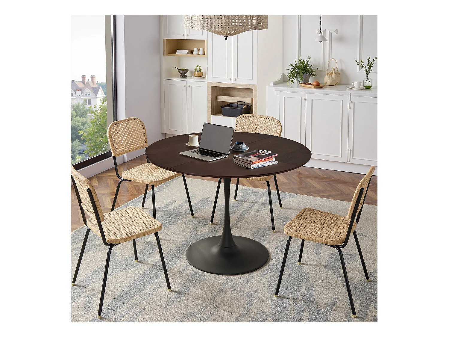 Table à manger ronde - Table à manger couleur chêne avec piètement en métal et plateau en bois massif - plateau quatre pièces