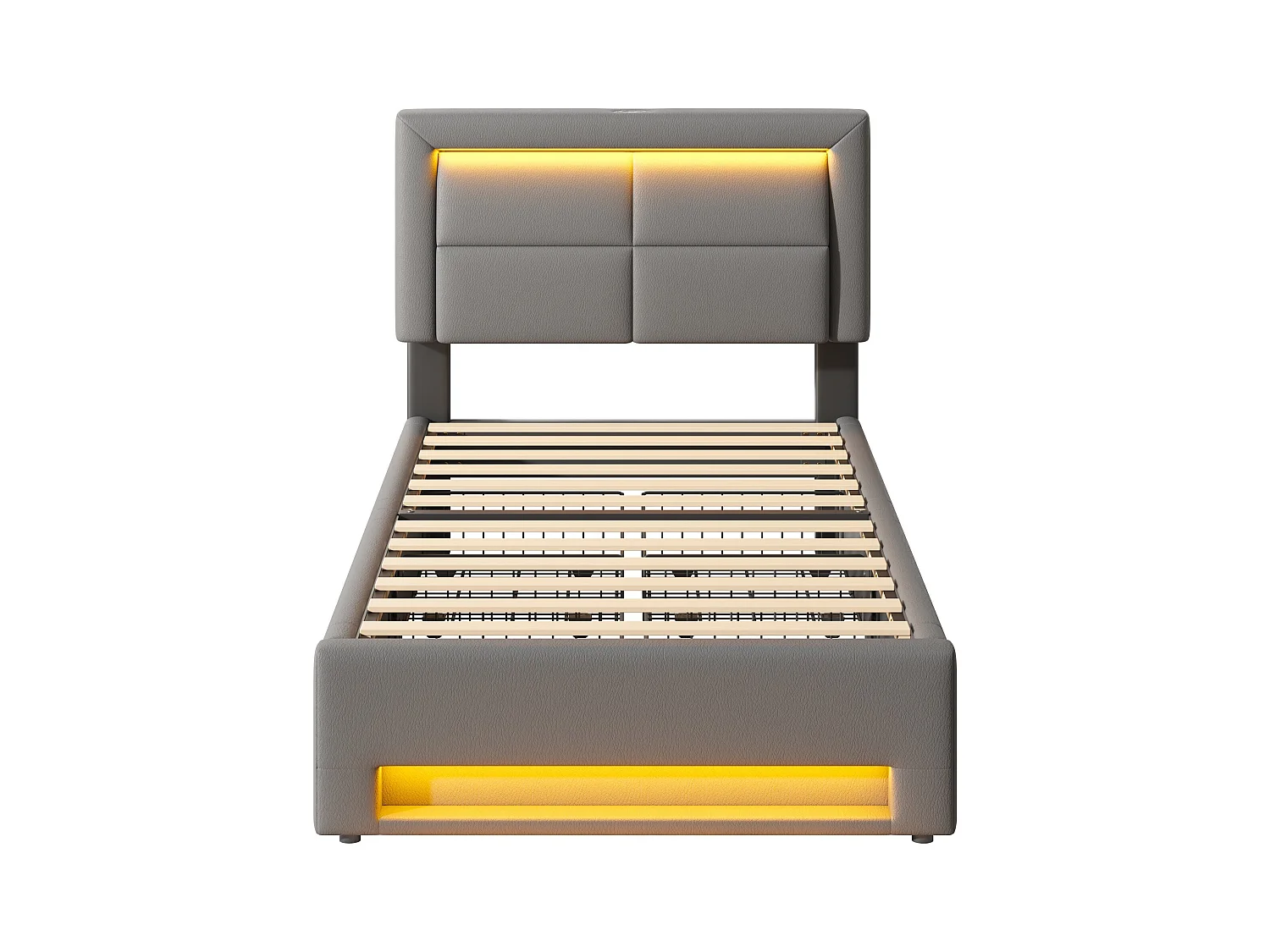 Lit simple 90 x 190 cm - Lit enfant avec quatre tiroirs et éclairage LED - port USB - PU gris - matelas non inclus