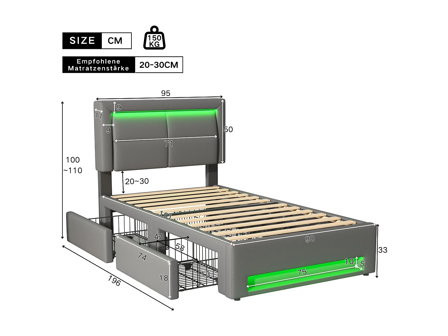 Letto singolo 90 x 190 cm - Letto per bambini con quattro cassetti e illuminazione a LED - porta USB - PU grigio - materasso non incluso