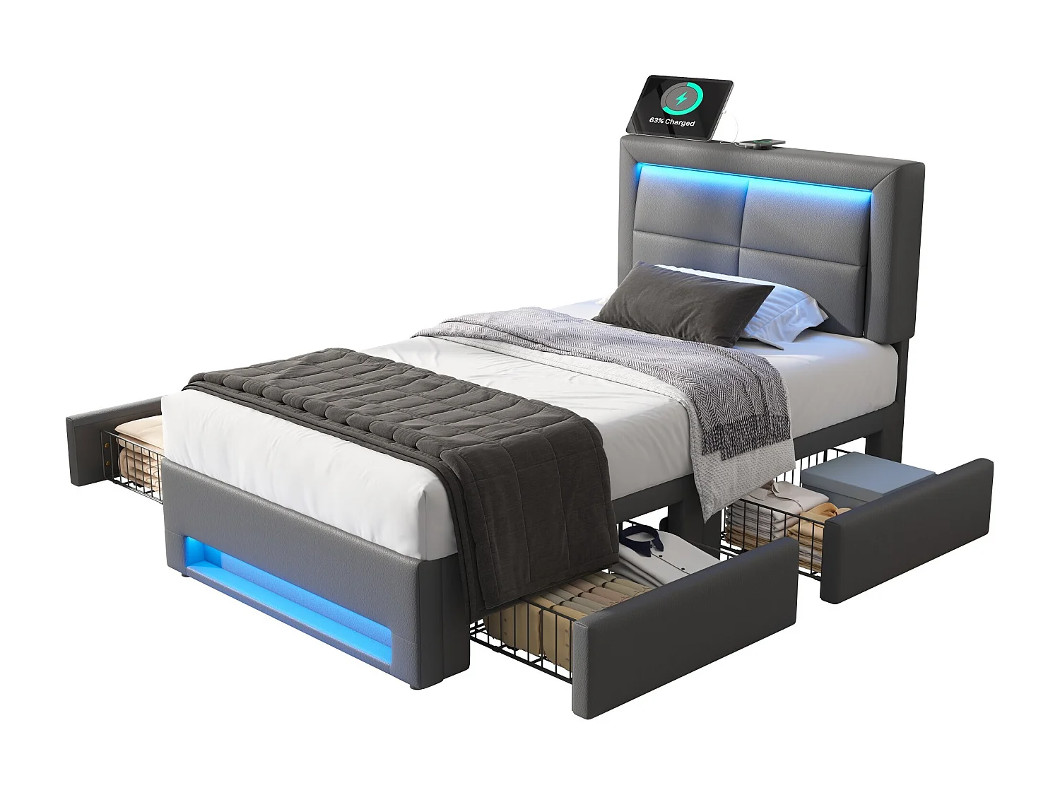 Letto singolo 90 x 190 cm - Letto per bambini con quattro cassetti e illuminazione a LED - porta USB - PU grigio - materasso non incluso