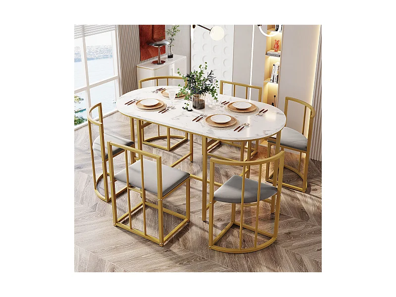 Esszimmerset mit 6 Stühlen – Esszimmerset mit grauen Kissen und goldenem Rahmen – weißer Tisch – für Esszimmer