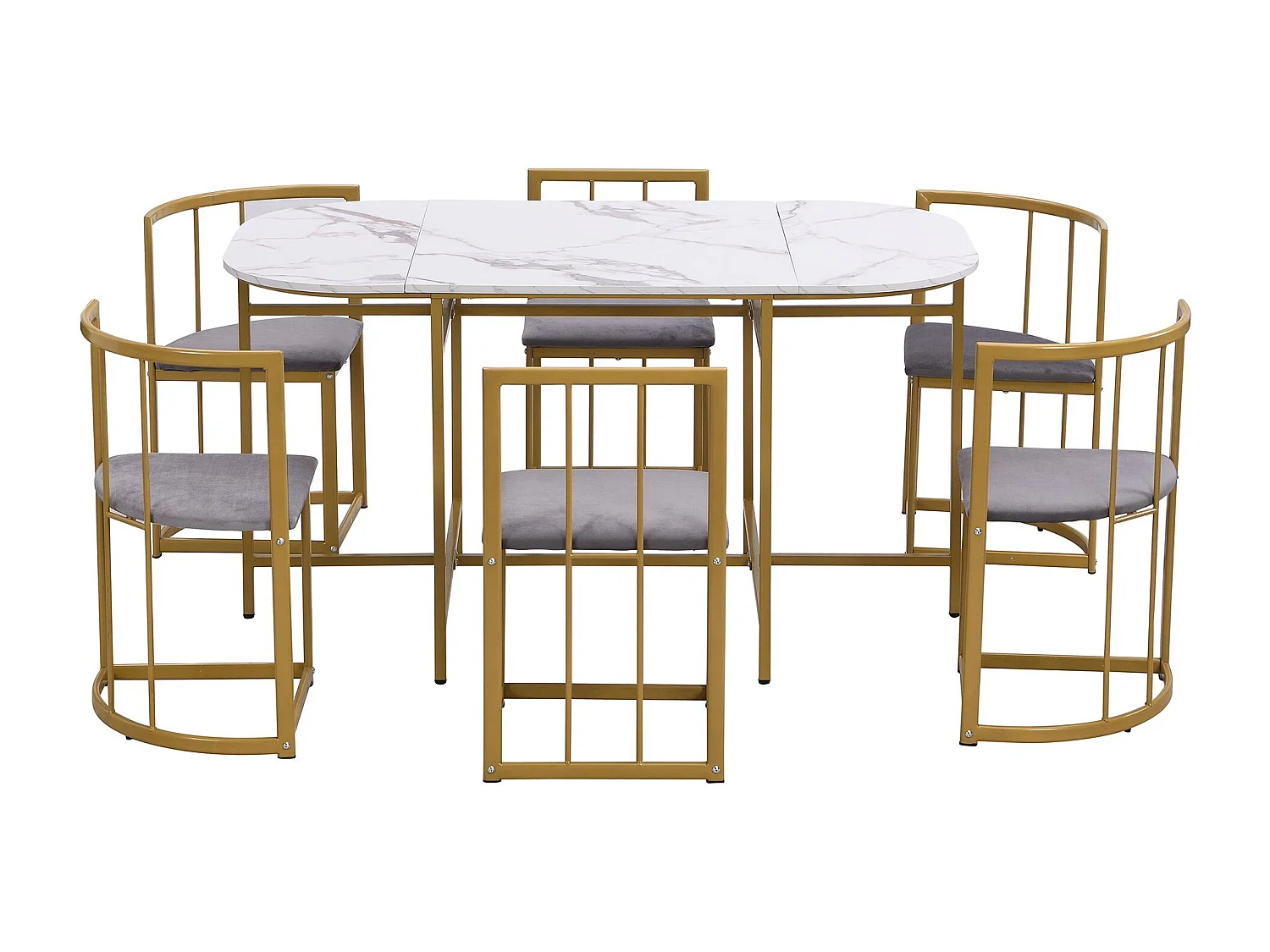 Eetkamerset 6 stoelen - Eetkamerset met grijze kussens en gouden frame - witte tafel - voor eetkamer