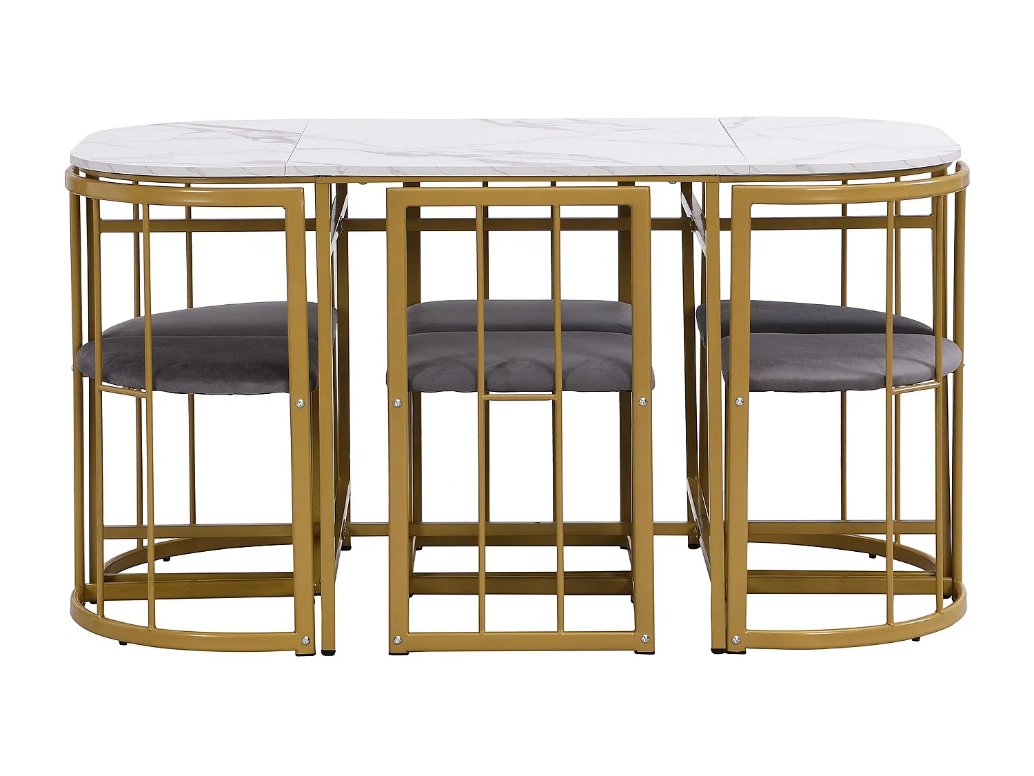 Eetkamerset 6 stoelen - Eetkamerset met grijze kussens en gouden frame - witte tafel - voor eetkamer