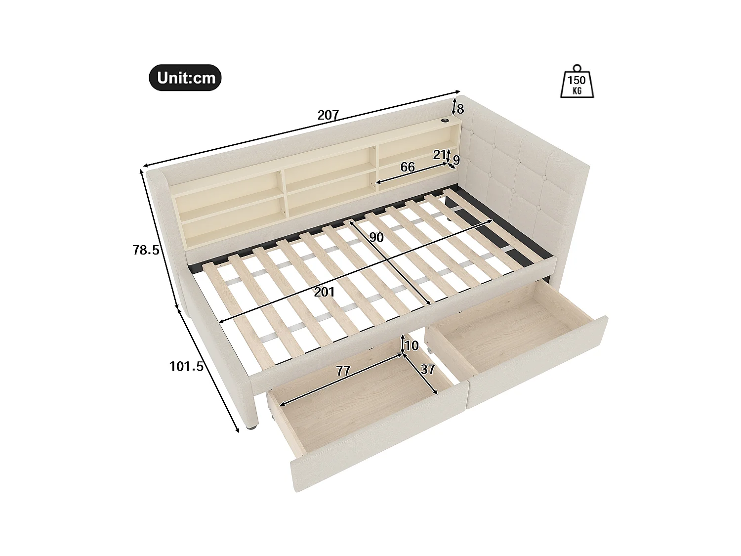 Cama individual 90 x 200 cm - Sofá-cama com 2 gavetas e carregador USB - amplo espaço de arrumação - roupa de cama bege - colchão não incluído