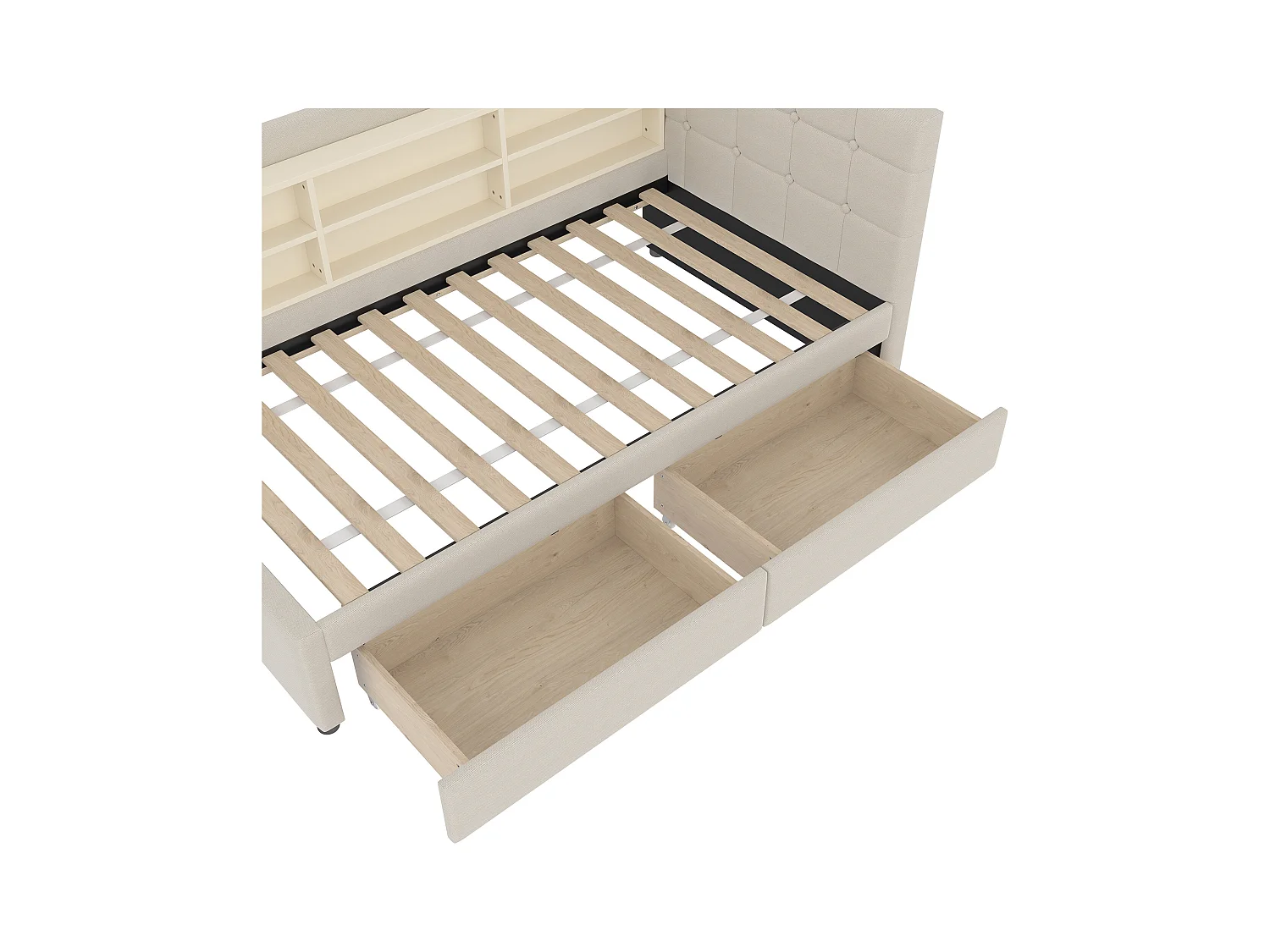 Cama individual 90 x 200 cm - Sofá-cama com 2 gavetas e carregador USB - amplo espaço de arrumação - roupa de cama bege - colchão não incluído