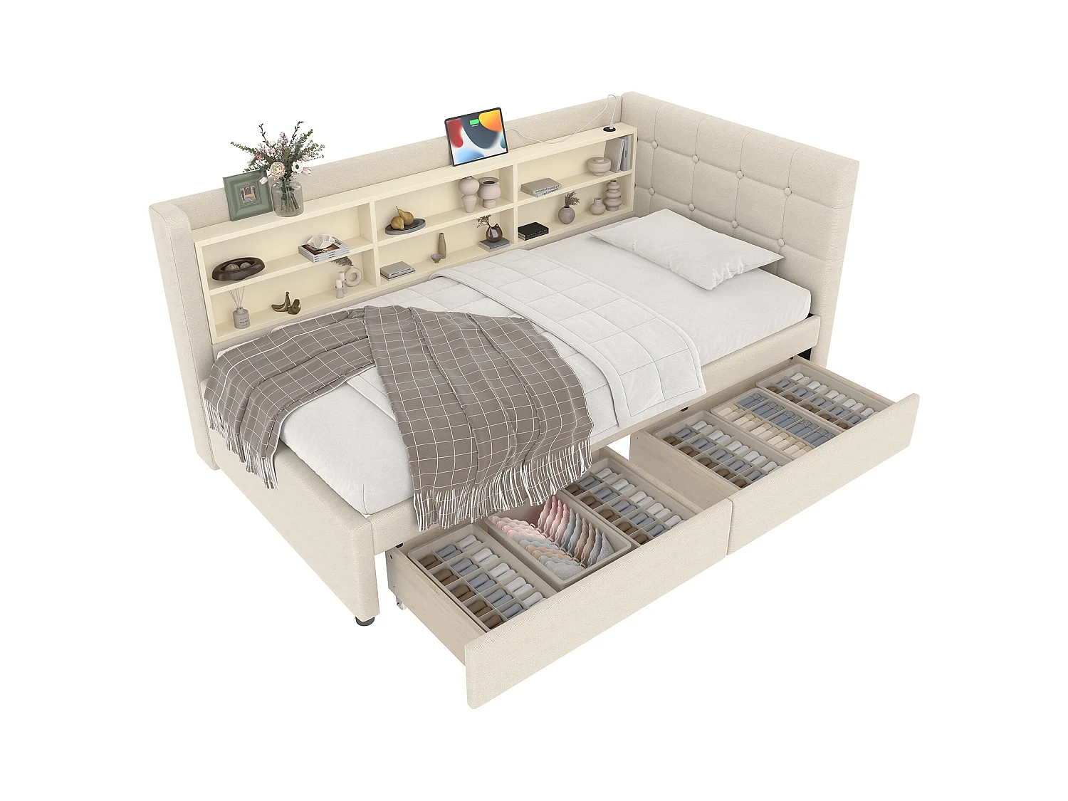 Cama individual 90 x 200 cm - Sofá-cama com 2 gavetas e carregador USB - amplo espaço de arrumação - roupa de cama bege - colchão não incluído