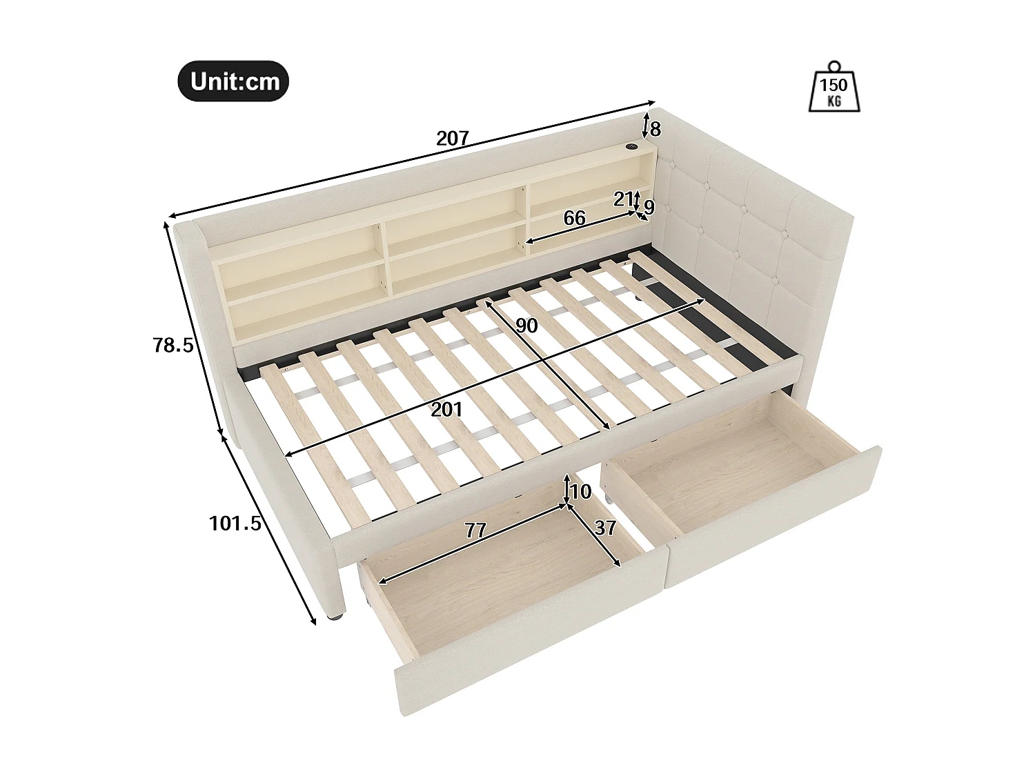 Łóżko pojedyncze 90 x 200 cm - Sofa rozkładana z 2 szufladami i ładowarką USB - dużo miejsca do przechowywania - beżowa pościel - materac nie jest wliczony w cenę