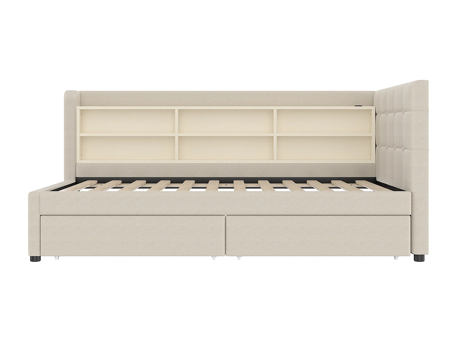 Łóżko pojedyncze 90 x 200 cm - Sofa rozkładana z 2 szufladami i ładowarką USB - dużo miejsca do przechowywania - beżowa pościel - materac nie jest wliczony w cenę