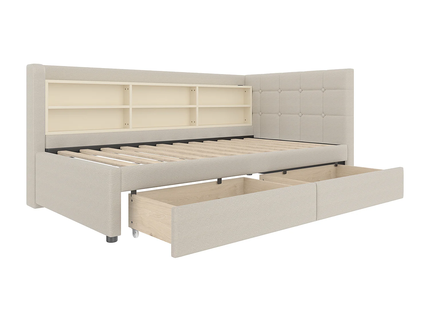 Łóżko pojedyncze 90 x 200 cm - Sofa rozkładana z 2 szufladami i ładowarką USB - dużo miejsca do przechowywania - beżowa pościel - materac nie jest wliczony w cenę