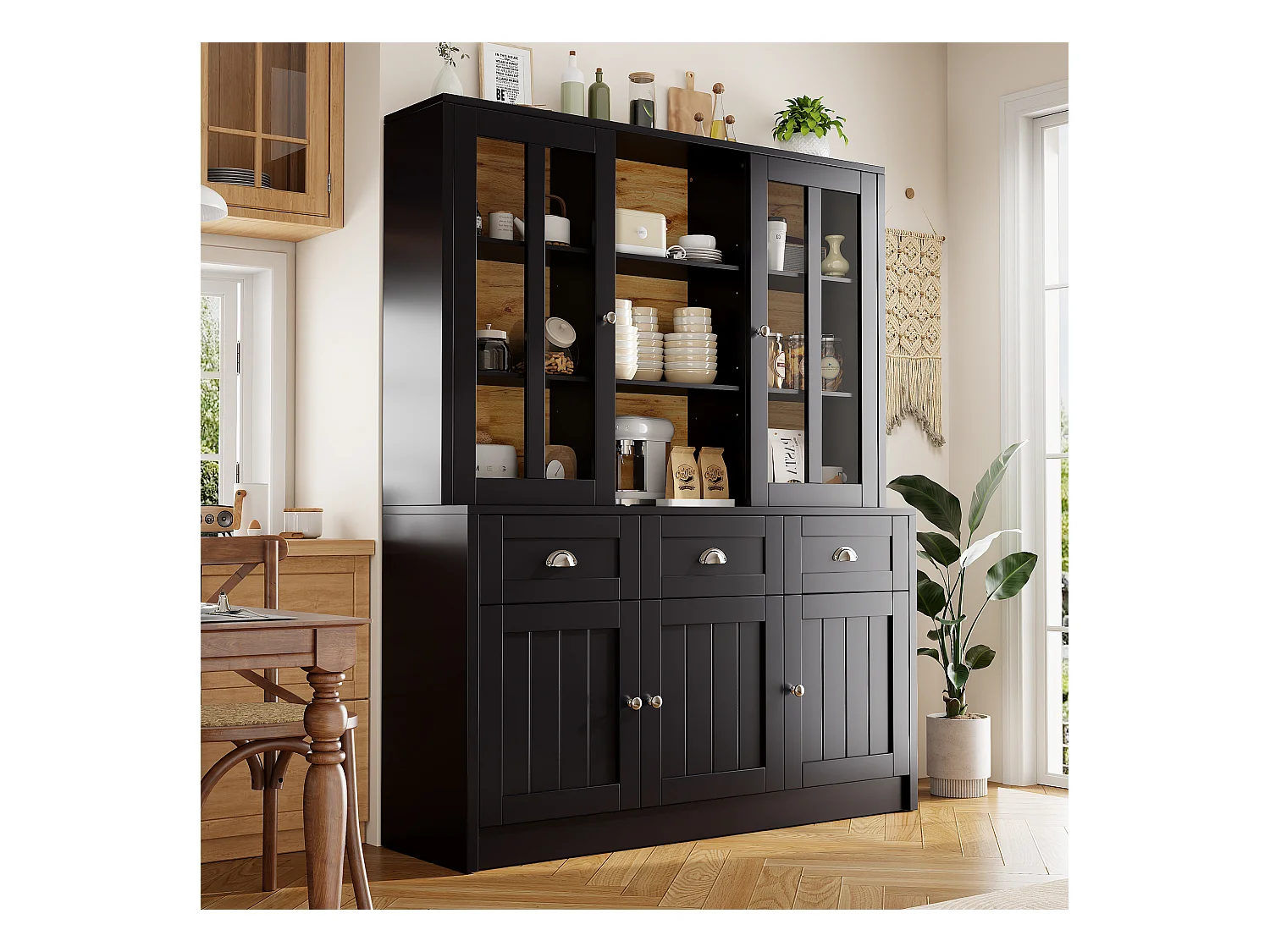 Buffet haut noir - Meuble haut 5 portes et 3 tiroirs - rangement ouvert - pour cuisines et salons