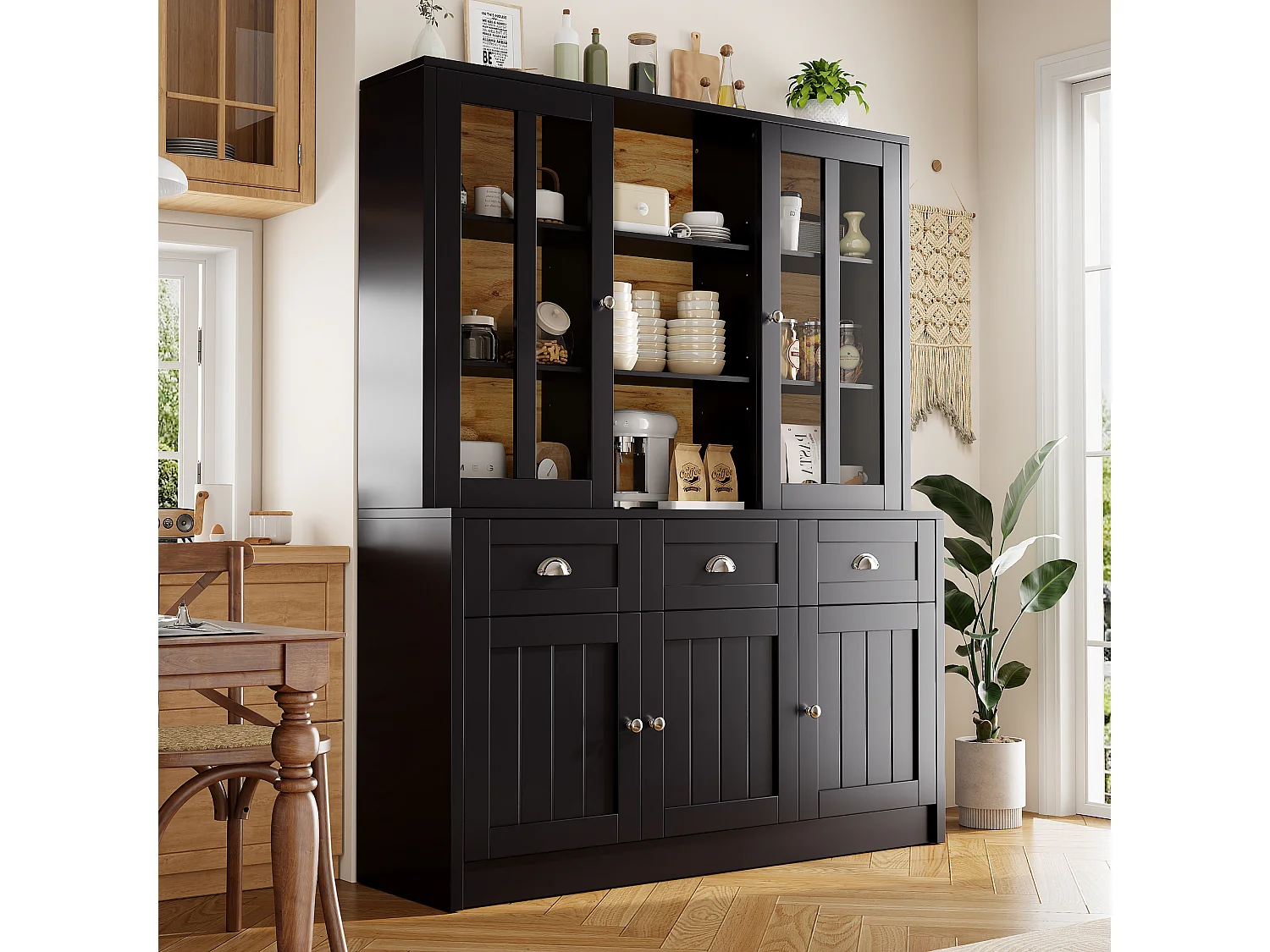 Buffet haut noir - Meuble haut 5 portes et 3 tiroirs - rangement ouvert - pour cuisines et salons