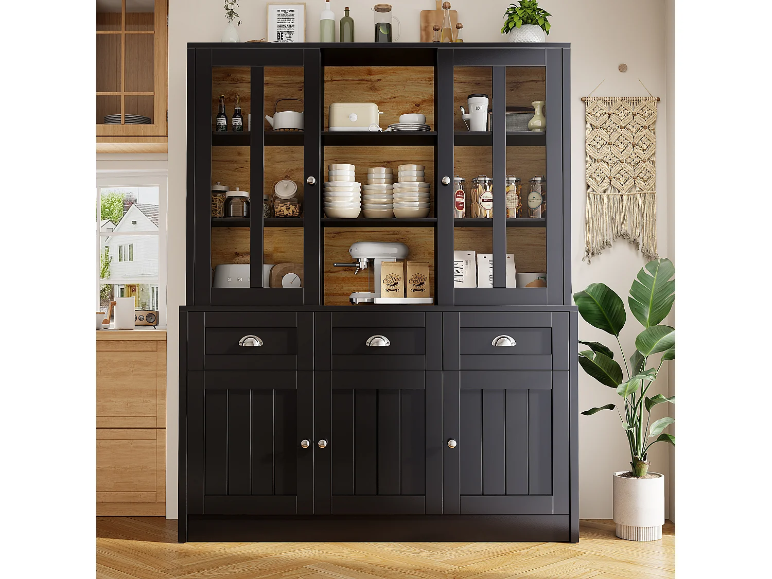 Buffet haut noir - Meuble haut 5 portes et 3 tiroirs - rangement ouvert - pour cuisines et salons