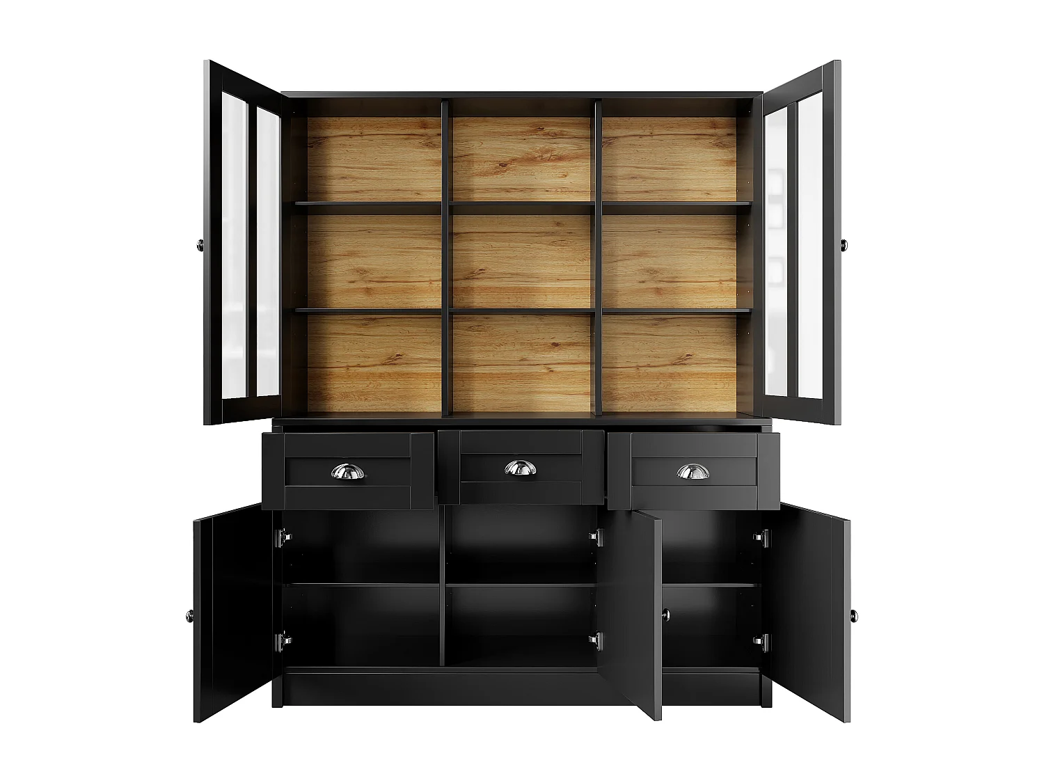 Buffet haut noir - Meuble haut 5 portes et 3 tiroirs - rangement ouvert - pour cuisines et salons