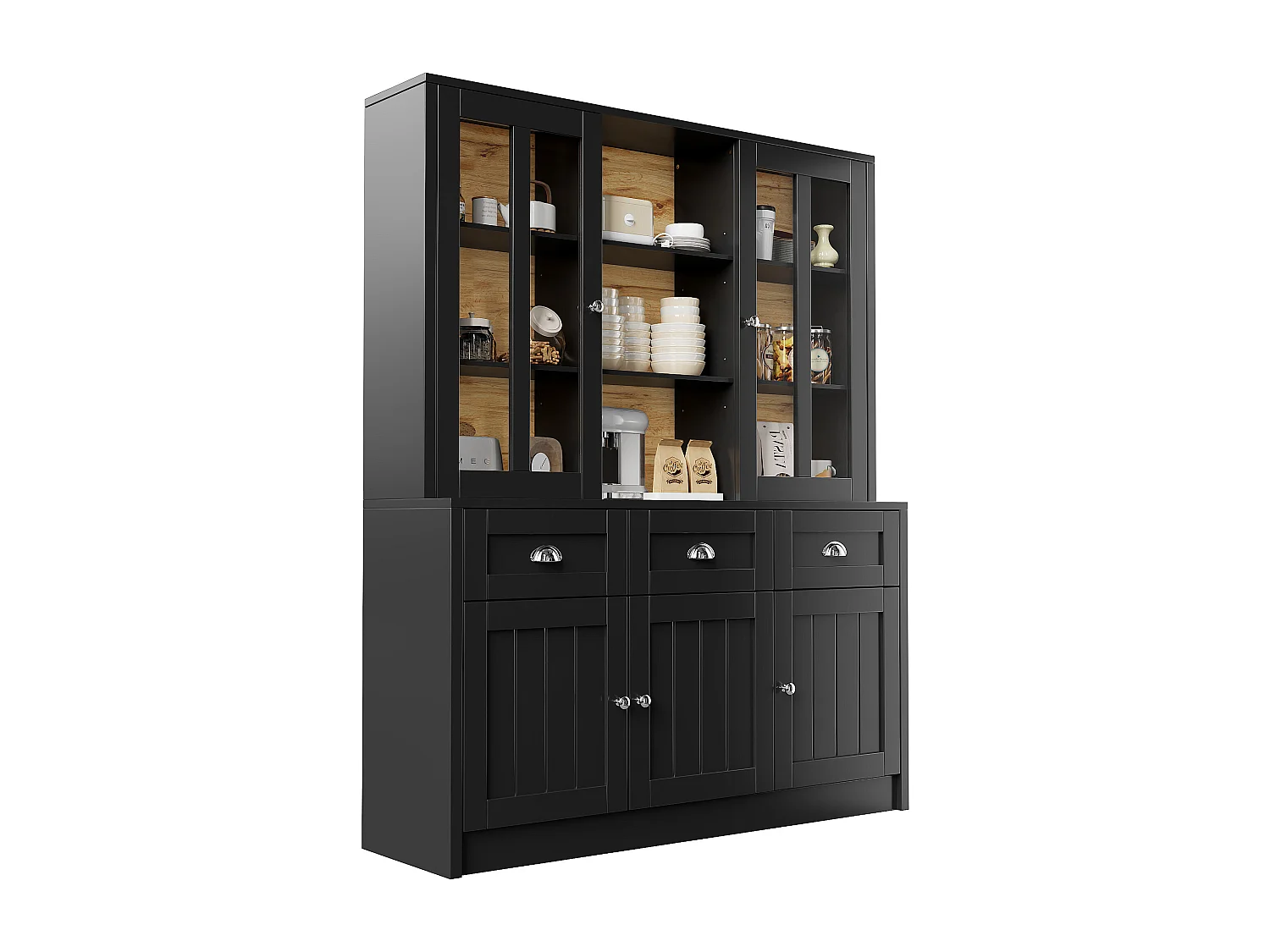 Buffet haut noir - Meuble haut 5 portes et 3 tiroirs - rangement ouvert - pour cuisines et salons