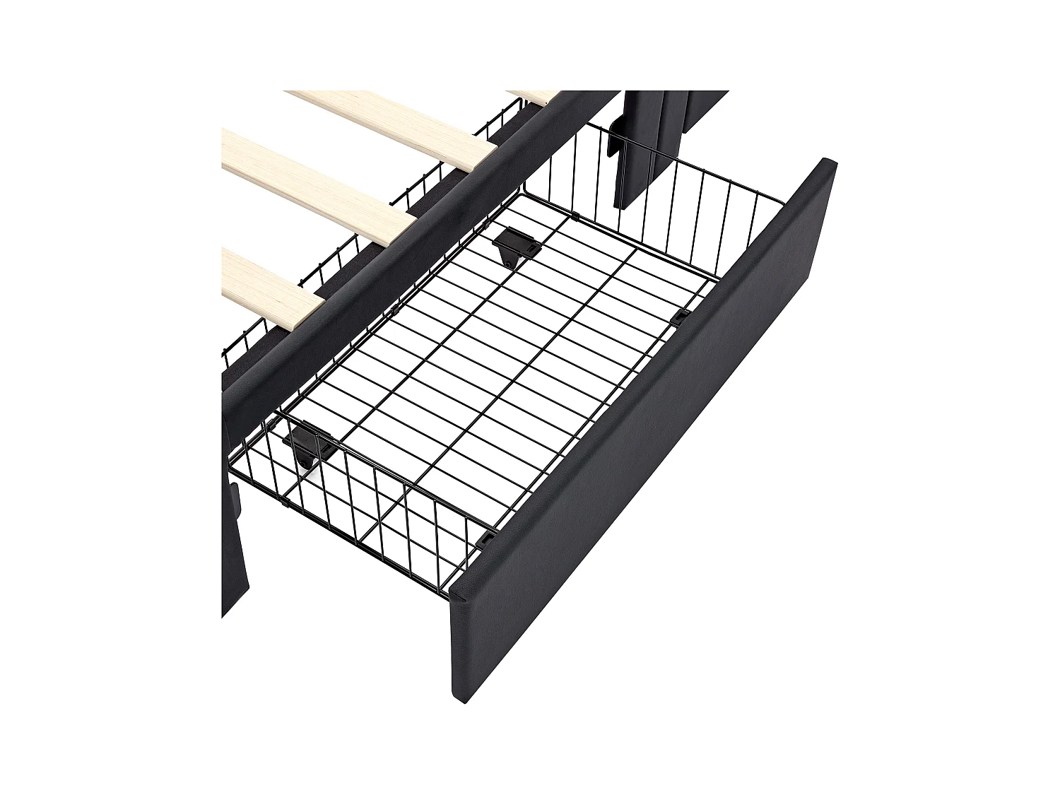 Lit simple 90 x 200 cm - Lit enfant avec quatre tiroirs et éclairage LED - port USB - PU noir - matelas non inclus