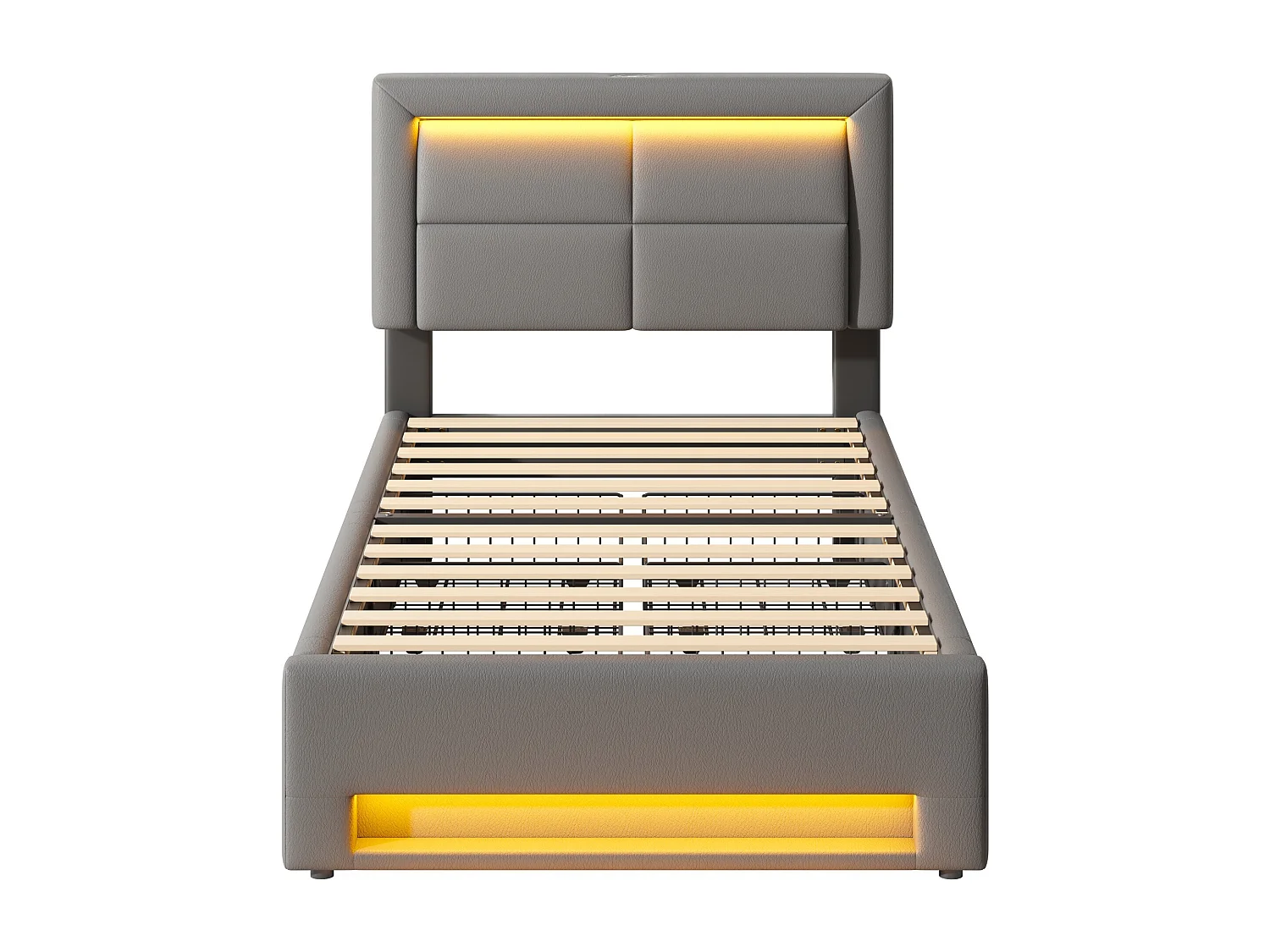 Lit simple 90 x 200 cm - Lit enfant avec quatre tiroirs et éclairage LED - port USB - PU gris - matelas non inclus