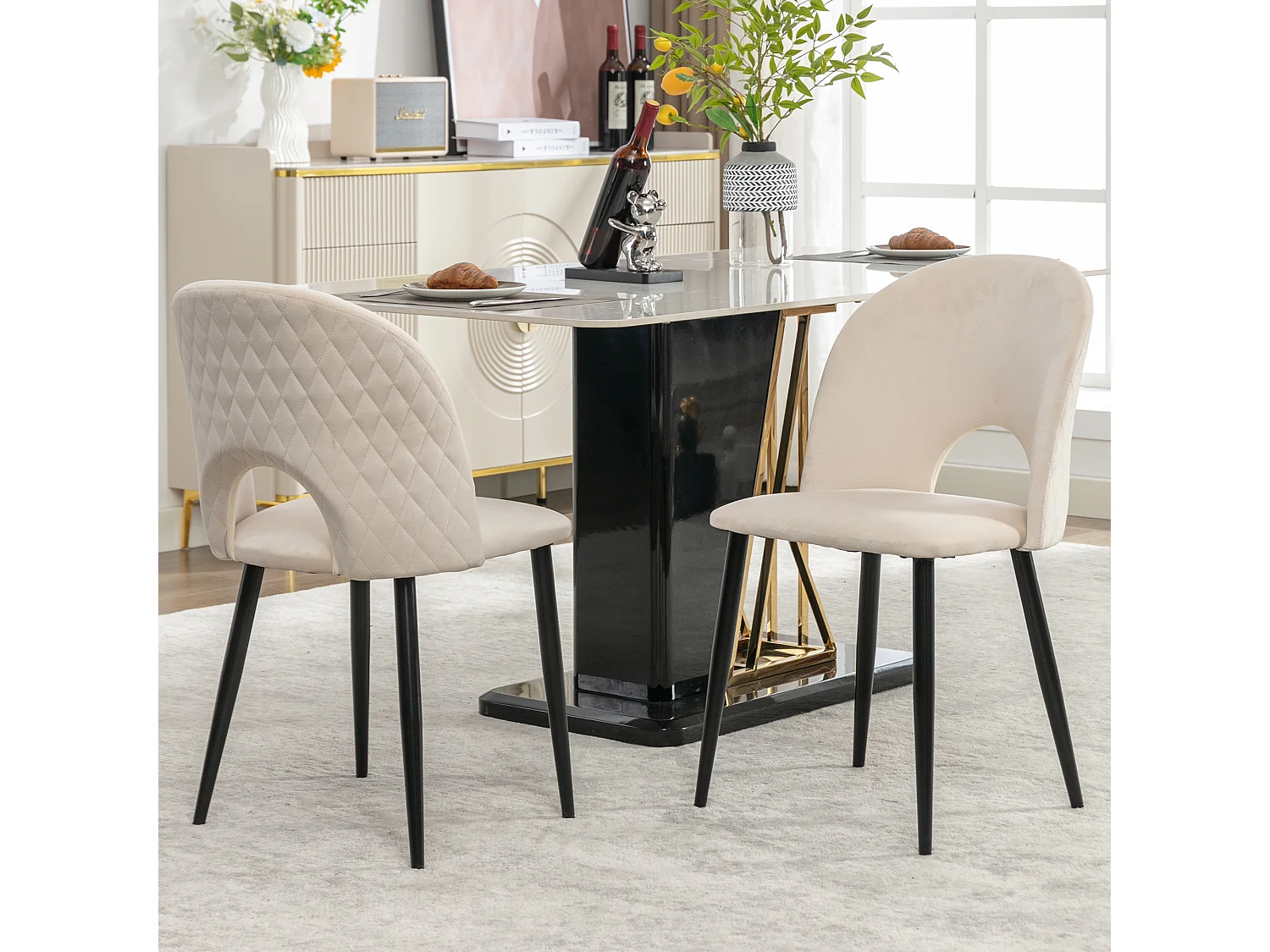 Set van 2 eetkamerstoelen - Stoel met rugleuning en verstelbare poten - beige fluweel